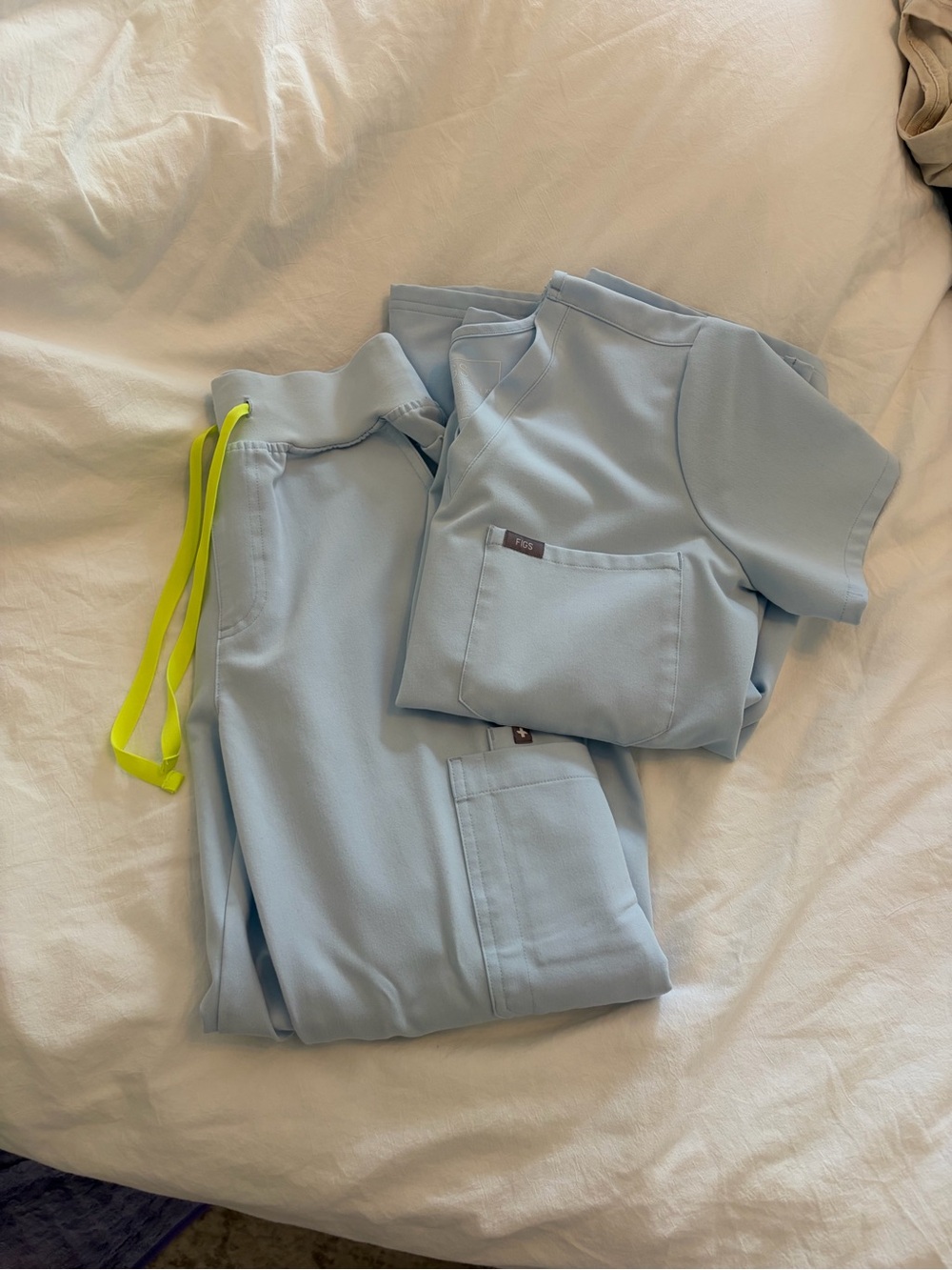 Figs Light Blue Straight Leg Scrub Pants with Neon Yellow Drawstring
